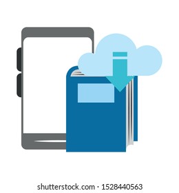smartphone with cloud storage and book over white background, vector illustration