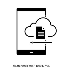 Smartphone cloud storage glyph icon. File downloading. Mobile cloud computing. Silhouette symbol. Negative space. Vector isolated illustration