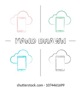 Smartphone cloud storage hand drawn icons set. Mobile cloud computing. Color brush stroke. Isolated vector sketchy illustrations