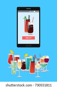 Smartphone and cocktails on blue background. Vector illustration with device with alcoholic beverages in festive decorated glasses on screen