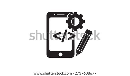 Smartphone with code symbol, pencil, and gear icon representing mobile app development and programming.