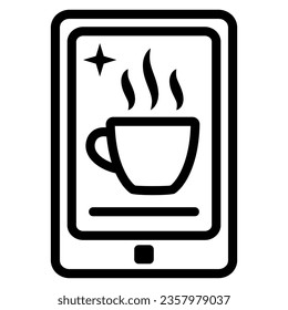 Aplicación de café Smartphone con icono de copa en pantalla, concepto de catering, señal de vector de pedido en línea sobre fondo blanco, icono de estilo de contorno para el concepto móvil y diseño web. Gráficos vectoriales