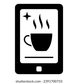 Smartphone-Kaffee-App mit Becher auf dem Bildschirm solide Symbol, Catering-Konzept, Online-Bestellung, Vektorzeichen auf weißem Hintergrund, Glyph-Stil Symbol für mobiles Konzept und Web-Design. Vektorgrafik