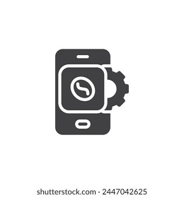Smartphone with a coffee bean and gear vector icon. filled flat sign for mobile concept and web design. Mobile coffee app glyph icon. Symbol, logo illustration. Vector graphics
