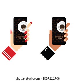 smartphone with coffee break on it in hands illustration in colorful
