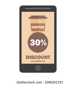 smartphone coffee cup discount icon. Flat design style