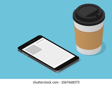 Smartphone and coffee cup. isometric flat design

