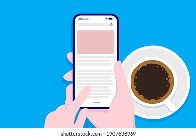 Smartphone and coffee mockup - Vector illustration of hand holding phone and using touch screen with a cup of coffee in background. Top view.