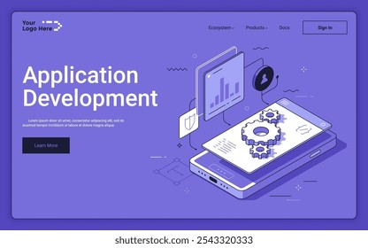 Smartphone com volantes e tela infográfica no fundo roxo. Modelo isométrico da página inicial de desenvolvimento de aplicativo. Fazendo software para celulares ilustração vetorial 3D para página da web