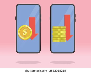 Disminución del valor de la flecha hacia abajo de la moneda del teléfono inteligente