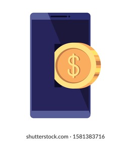 Smartphone and coin design, Digital technology communication social media internet web and wireless theme Vector illustration