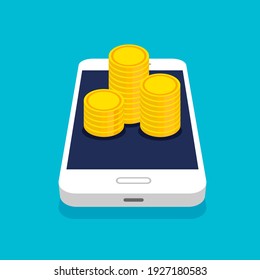 Smartphone con pila de monedas o pila en 3d de moda. Movimiento de dinero y pago en línea. Concepto de banca en línea. Devolución o reembolso de dinero. Ilustración vectorial.