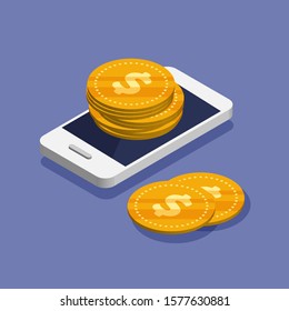 Smartphone with coin heap in trendy isometric style. Money movement and online payment. Online banking concept. Cashback or money refund. Vector illustration isolated on color background.