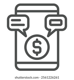 Smartphone, coin and messages line icon, bank account concept. Vector graphics. Money spending, shopping by phone sign on white background, outline style icon for mobile or web design