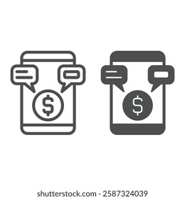 Smartphone, coin and messages line and solid icon, bank account concept. Vector graphics. Money spending, shopping by phone sign on white background, outline style icon for mobile or web design