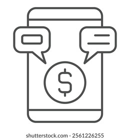 Smartphone, coin and messages thin line icon, bank account concept. Vector graphics. Money spending, shopping by phone sign on white background, outline style icon for mobile or web design