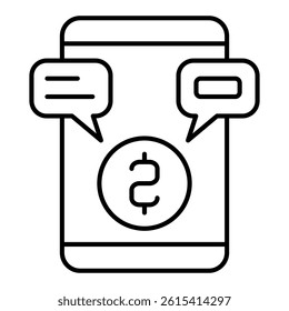 Smartphone, coin and messages thin line icon, bank account concept. Vector graphics. Money spending, shopping by phone sign on white background, linear style for mobile or design