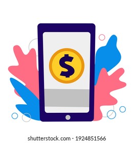 Smartphone, coin money on screen. Concept: win, money cashback reward, currency exchange, business, finance. American dollar golden coin on display. Smartphone device vector eps illustration isolated
