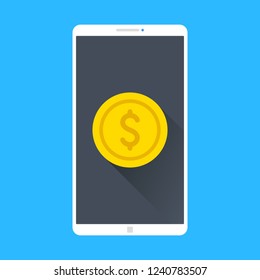 Smartphone with coin on screen. Mobile banking, donation, transfer money, online payment, mobile wallet app concepts. Modern flat design. Vector illustration