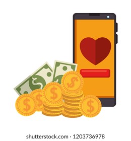 smartphone with coins and bills dollars