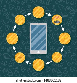 smartphone coins digital technology cryptocurrency money finance vector illustration