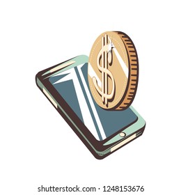 smartphone with coins dollars
