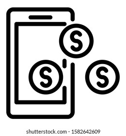 Smartphone and coins icon. Outline smartphone and coins vector icon for web design isolated on white background