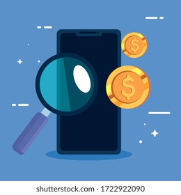 smartphone with coins and magnifying glass vector illustration design