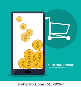 Smartphone, coins and shopping cart. Shopping online. Vector gra