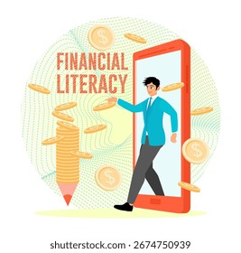 Smartphone e moedas simbolizando conhecimento monetário e gestão. Perfeito para temas de educação, finanças ou tecnologia moderna. Conceito de literacia financeira.