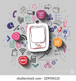 Smartphone and collage with web icons background. Vector illustration
