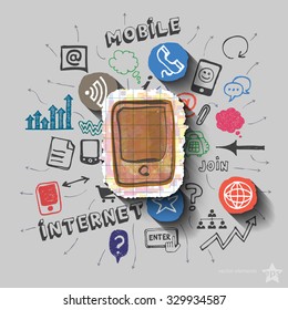 Smartphone and collage with web icons background. Vector illustration