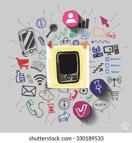 Smartphone and collage with web icons background. Vector illustration