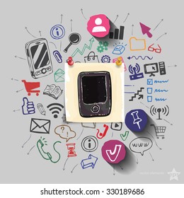 Smartphone and collage with web icons background. Vector illustration