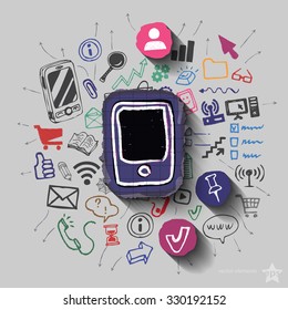 Smartphone and collage with web icons background. Vector illustration