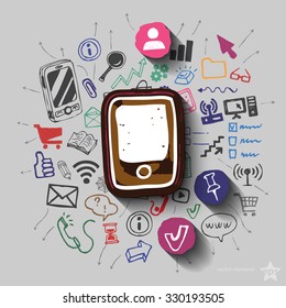 Smartphone and collage with web icons background. Vector illustration