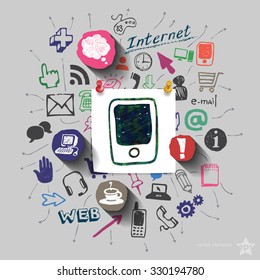Smartphone and collage with web icons background. Vector illustration