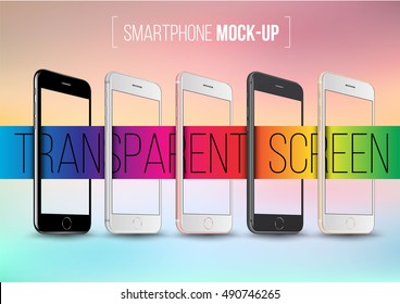 Smartphone collection mock-ups with transparent screen perspective on abstract background. Vector illustration for printing and web element, Game and application demo.