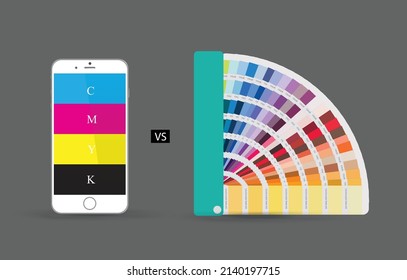 Smartphone color guide VS CMYK color palette guide, concept for mobile apps and technologies. vector illustration