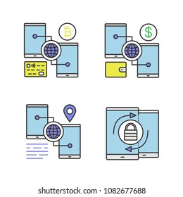 Smartphone color icons set. Bitcoin and dollar digital wallets, GPS navigation, security synchronisation. Isolated vector illustrations