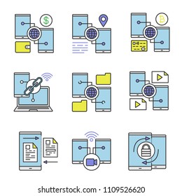 Smartphone color icons set. Dollar and bitcoin wallets, GPS navigation, link, content sharing, file upload, video message, password. Isolated vector illustrations