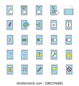 Smartphone color icons set. Internet connection, data transfer, apps, communication. Isolated vector illustrations