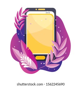 Smartphone with a color screen and menu button and the camera vector. Mobile phone with yellow screen on colored background among plants. Phone vector icons design template. Yellow text box.
