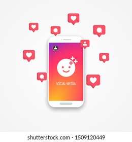 Smartphone and colorful background  effect sign  smile   icons notification: like  comment  follower  Social media Instagram concept  Vector illustration  EPS 10