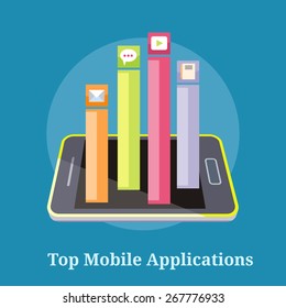 Smartphone with columns rated mobile applications. Top Apps mobile applications. Concept in flat design style. Can be used for web banners, marketing and promotional materials, presentation templates