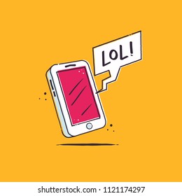 Smartphone with comic bubble showing LOL (laughing out loud) message received vector illustration in sketchy style