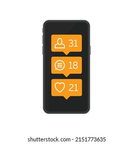 Smartphone and comment, like, follow icons in flat style. Social network icon pack on mobile phone screen. Notification Tooltip with heart, user, speech bubble, counter. 
