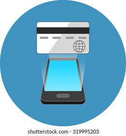 Smartphone commerce concept. Isometric design. Icon in blue circle on white background.