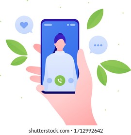 Smartphone communication app concept. Vector flat illustration. Video with female on screen. Heart and text sign in talk bubble shape. Human hand hold smart phone. Design for banner, poster, ui.