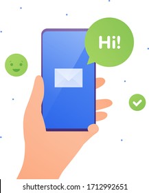 Smartphone communication app concept. Vector flat illustration. Email or sms sign with hi message in talk bubble and smile emoji. Human hand hold smart phone. Design for banner, poster, ui.